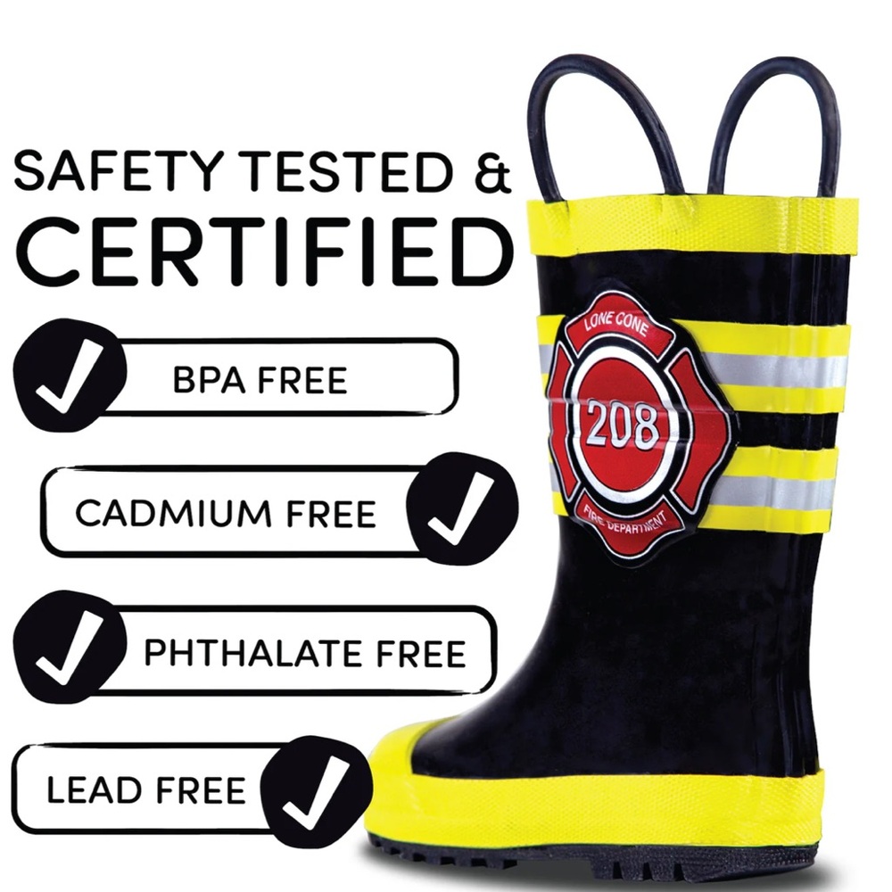 50%offw❤️ Lone come official Kids yellow black firefighter Rain boots 4t fireman